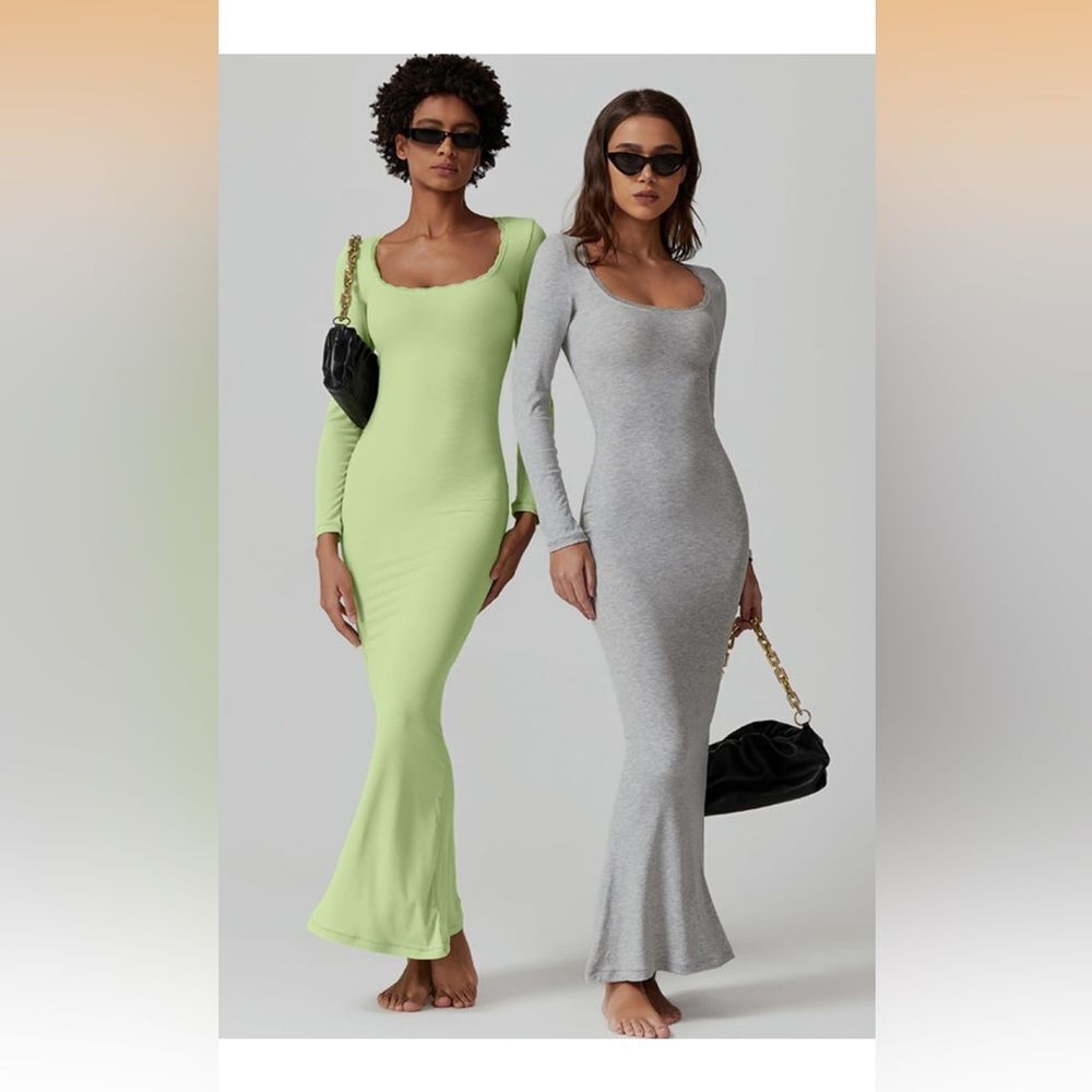 Ribbed Knit Long Sleeve Scoop Neck Maxi Dress with Lace Details Bodycon Dress‎